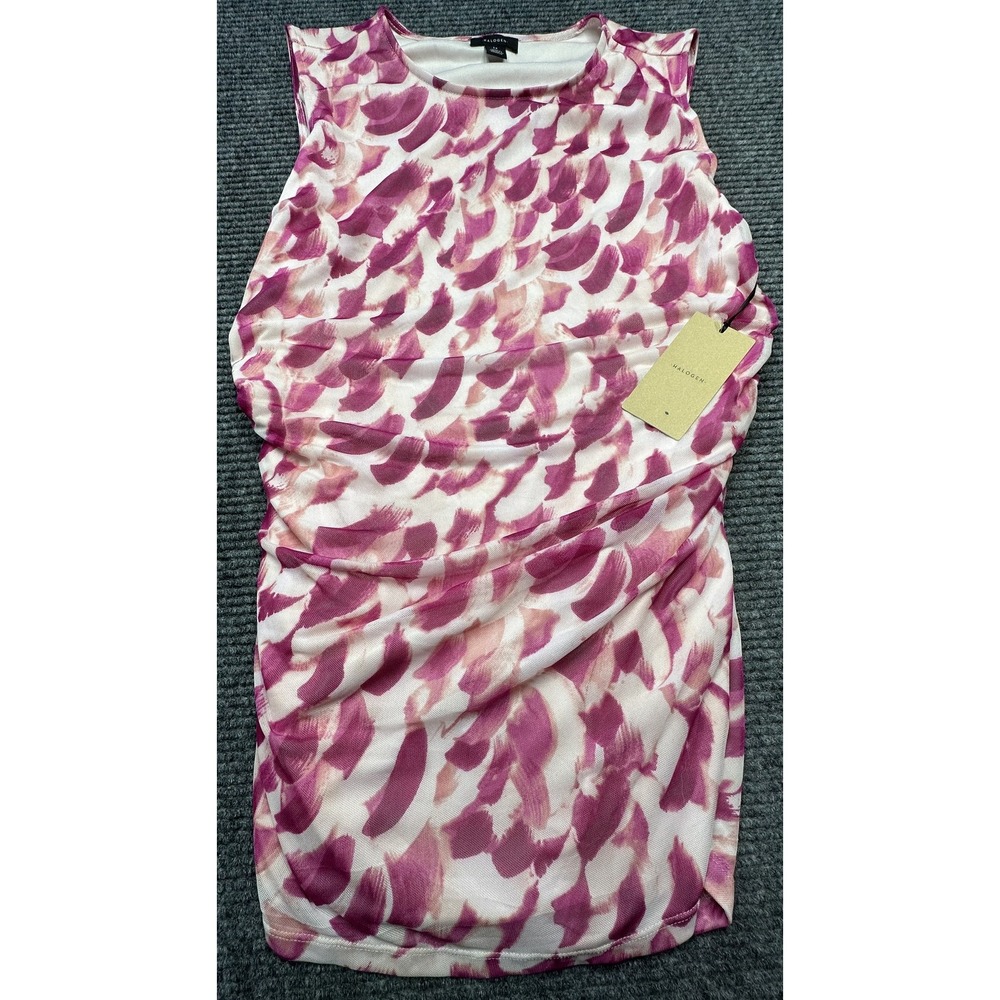 Halogen Tank Top Womens 1X Pink White Abstract Ruched Lined‎ Sleeveless Shirt